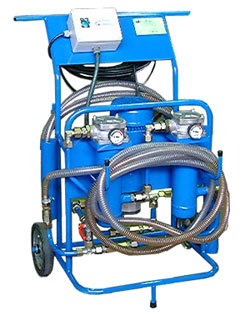 Portable filtration unit with two filters and optical indicators